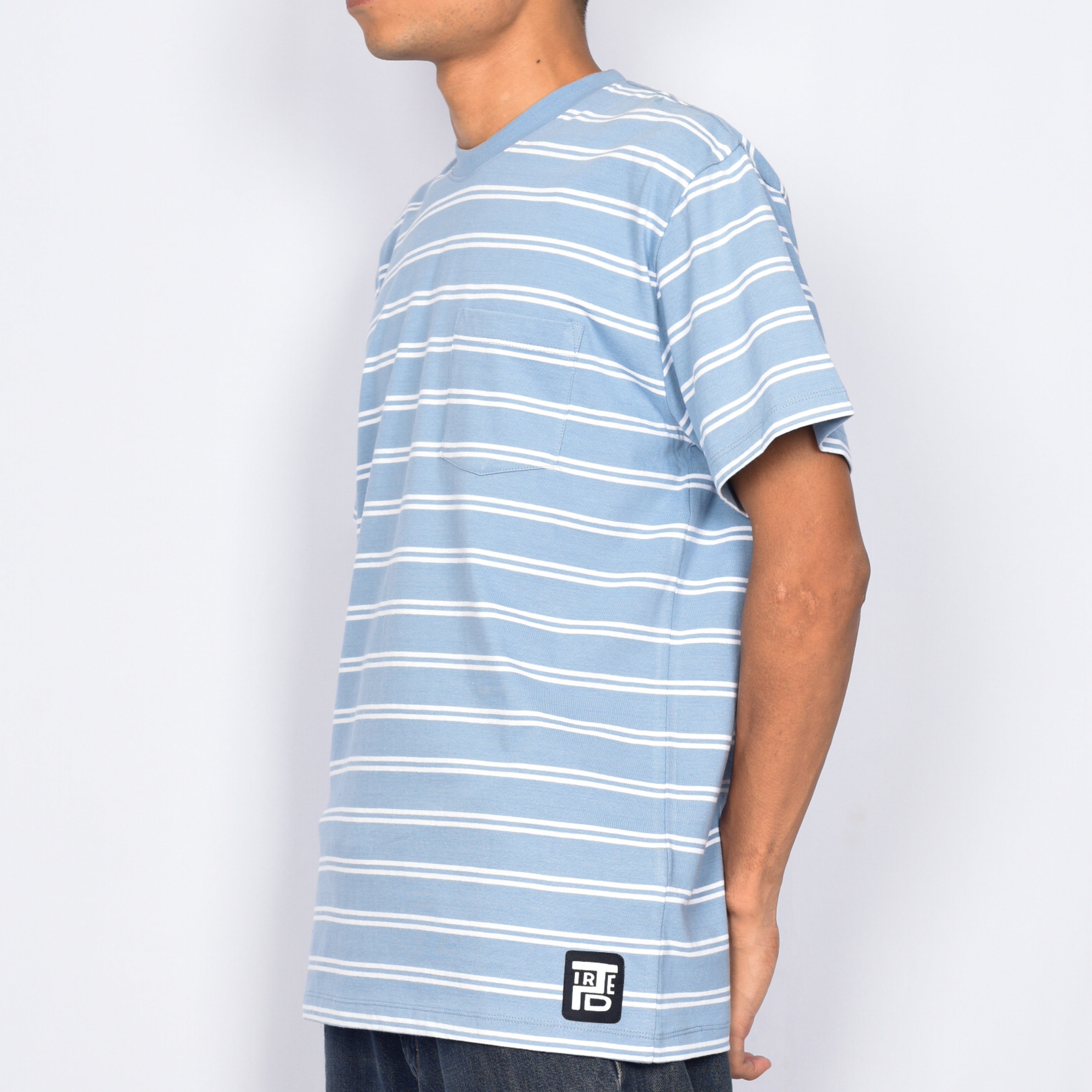 Tired Skateboards 'Stamped Stripe Pocket' T-Shirt (Bright Blue)