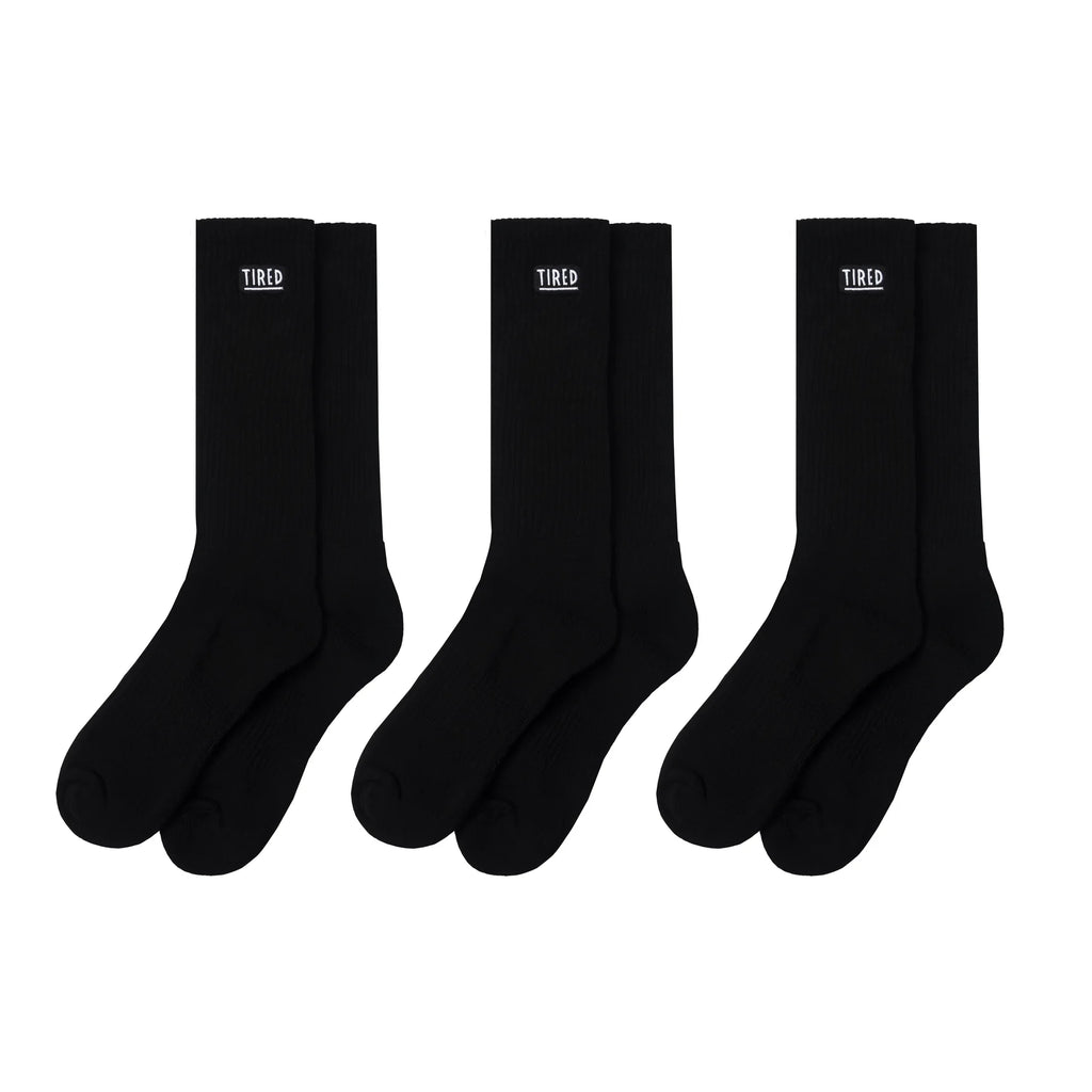 Tired Skateboards OG Logo 3 Pack Crew Socks (Black)