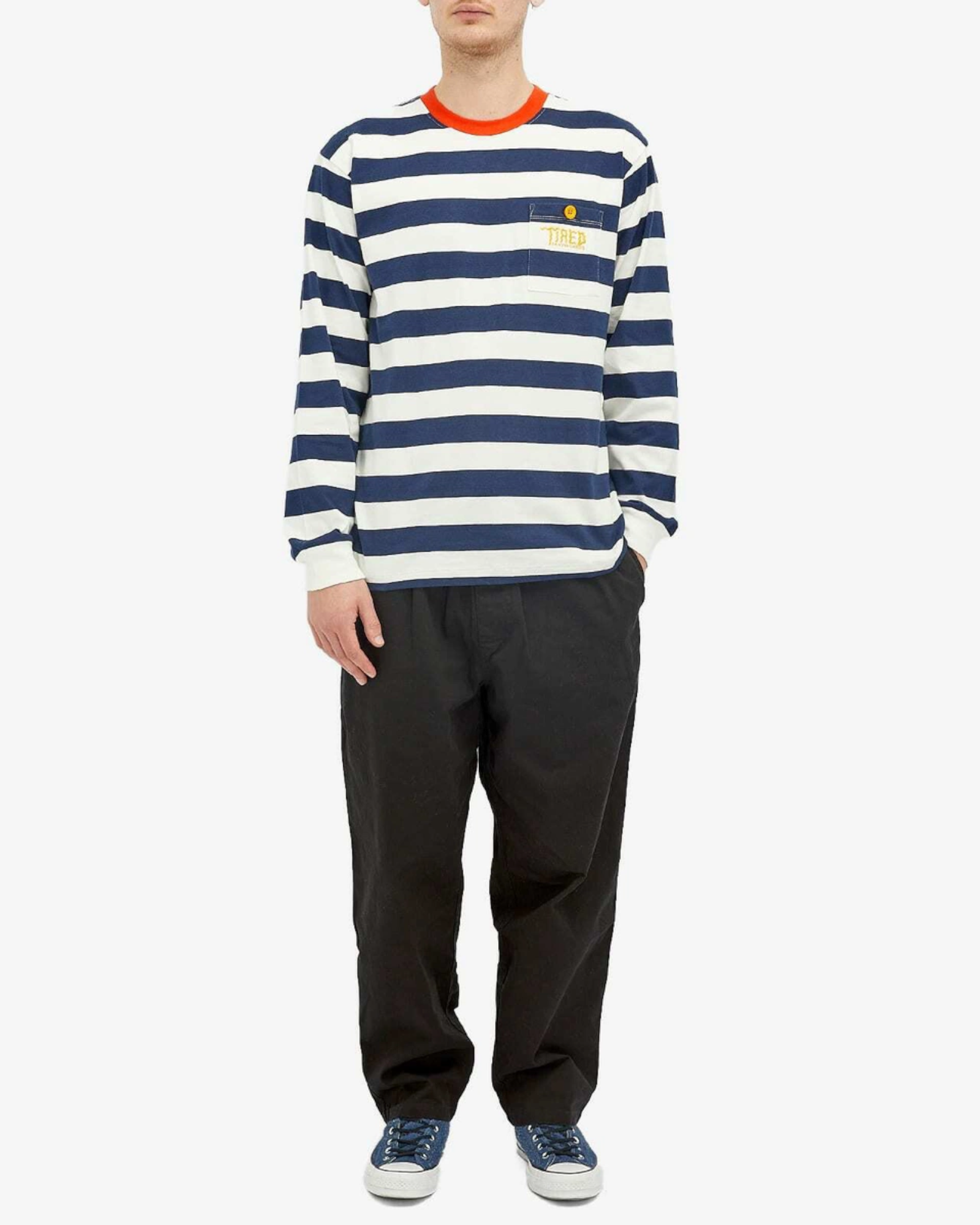 Tired Skateboards 'Squiggly Logo Striped Pocket Logo' Long-Sleeve T-Shirt (Red/Navy)