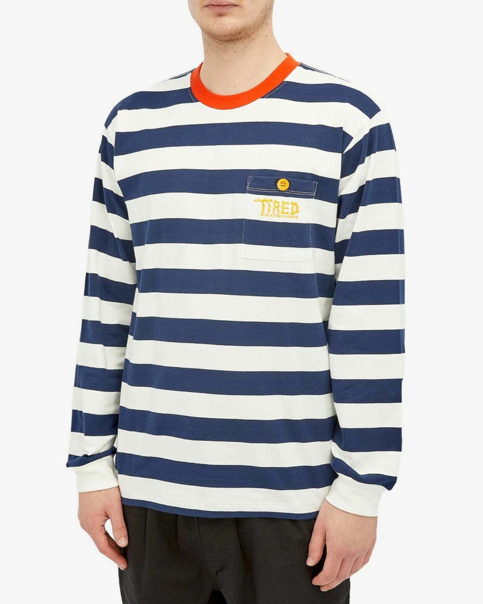 Tired Skateboards 'Squiggly Logo Striped Pocket Logo' Long-Sleeve T-Shirt (Red/Navy)