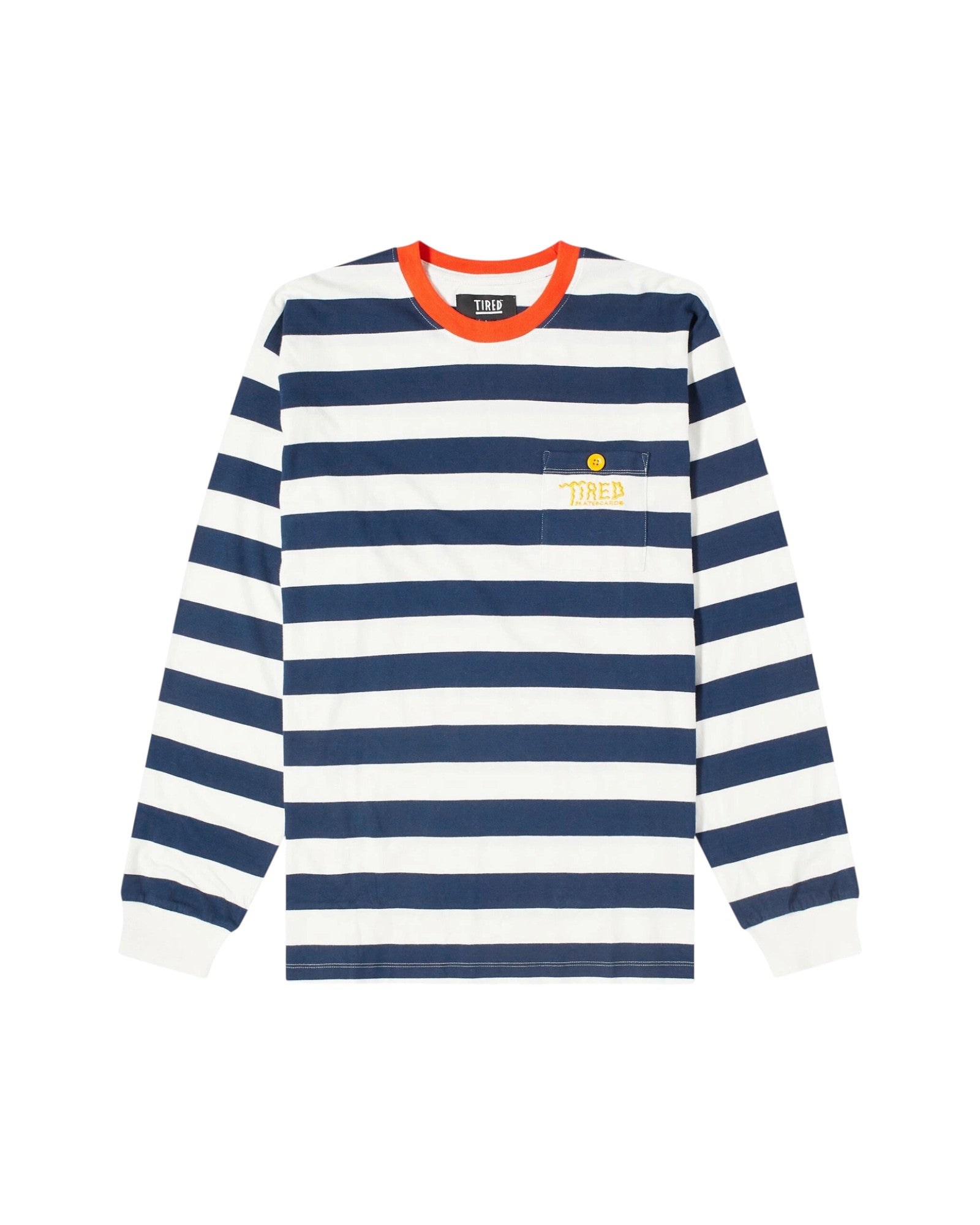 Tired Skateboards 'Squiggly Logo Striped Pocket Logo' Long-Sleeve T-Shirt (Red/Navy)